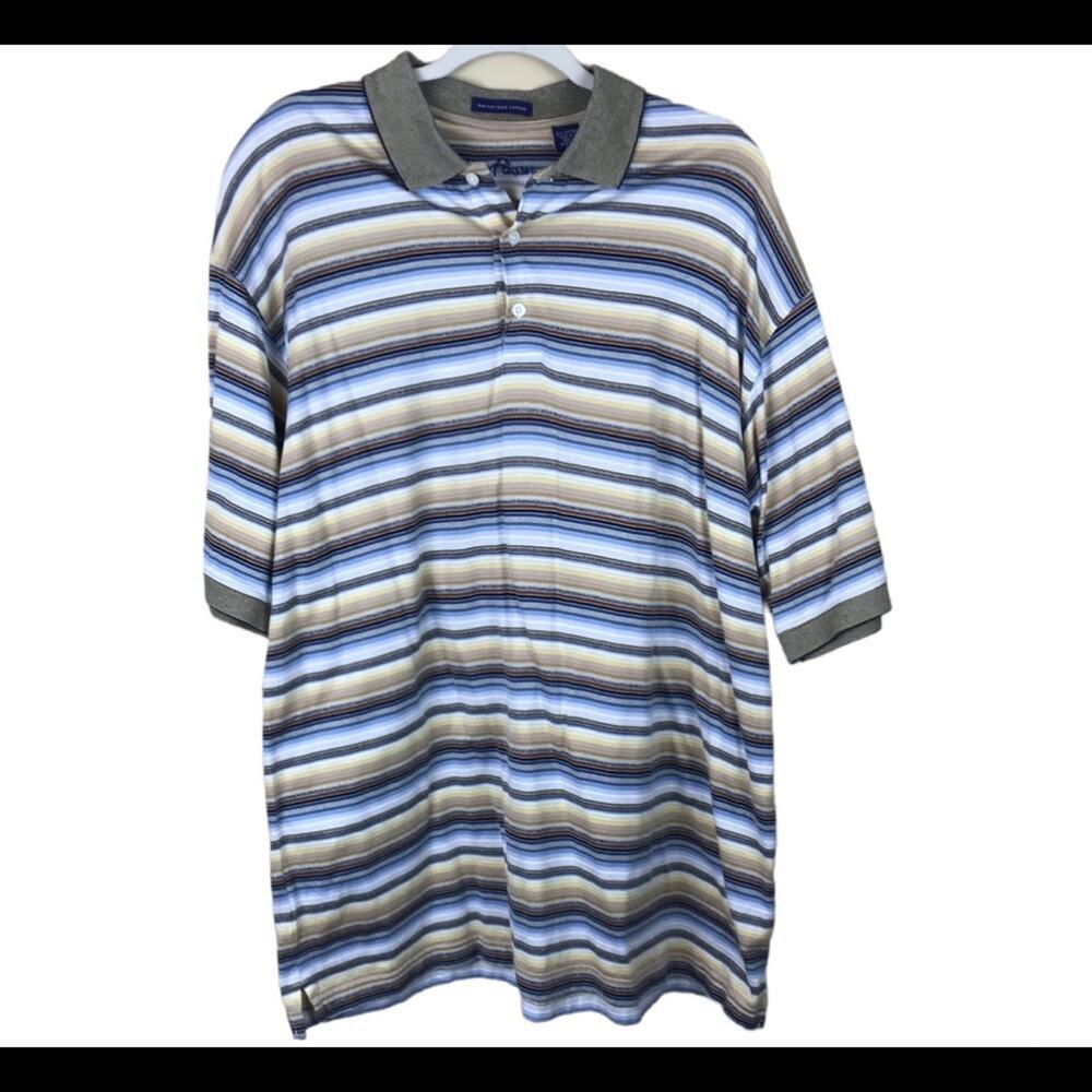 ALAN FLUSSER Men’s Brown/Blue Striped Polo Shirt Sz Large